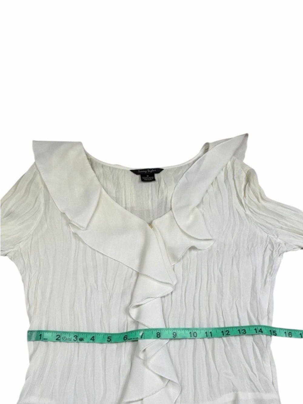 Sunny Taylor Cream Waterfall Ruffle Crinkle Long Sleeve Button Front Blouse - M - Picture 13 of 15